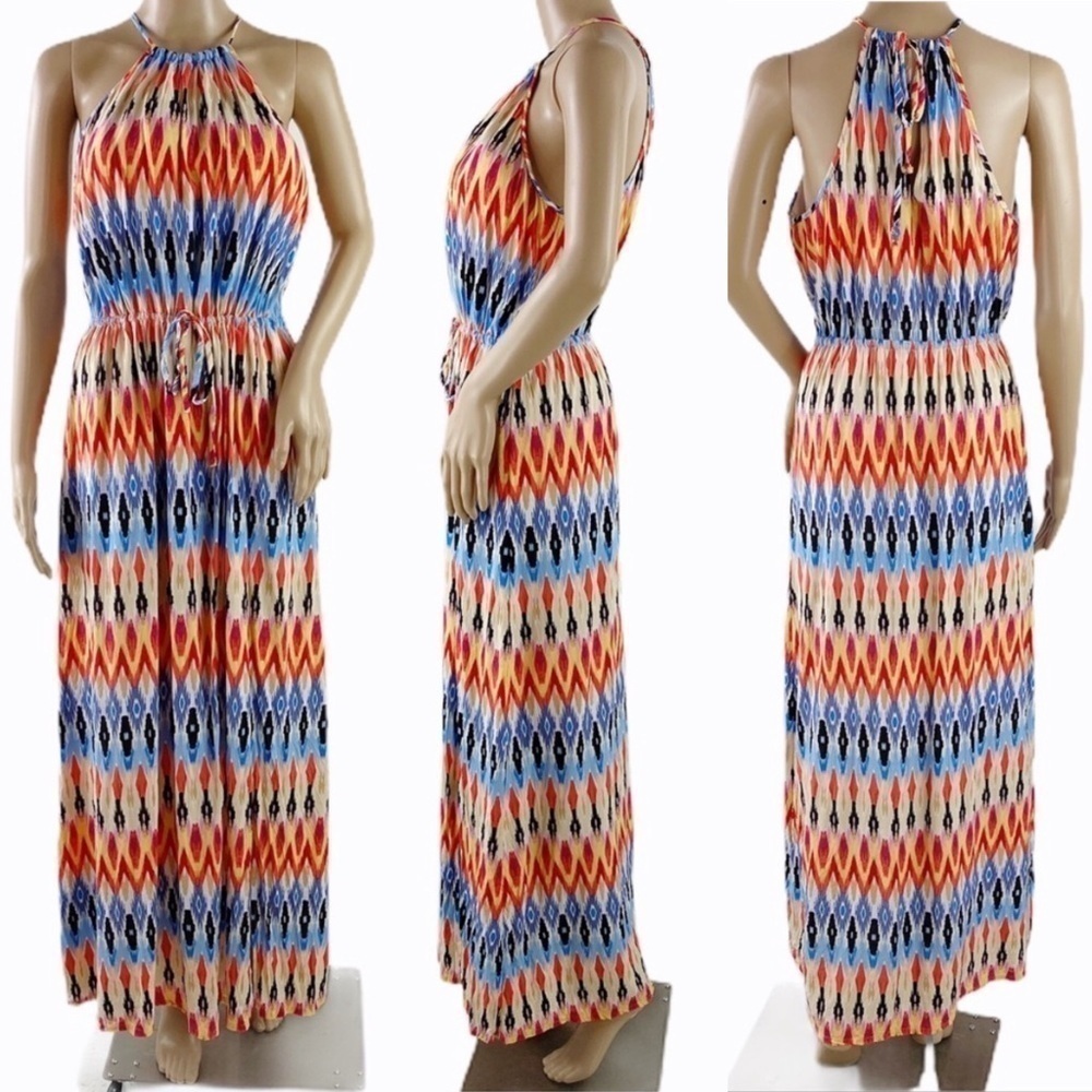 Athleta Sunset Halter Maxi Dress womenโs size small orange blue